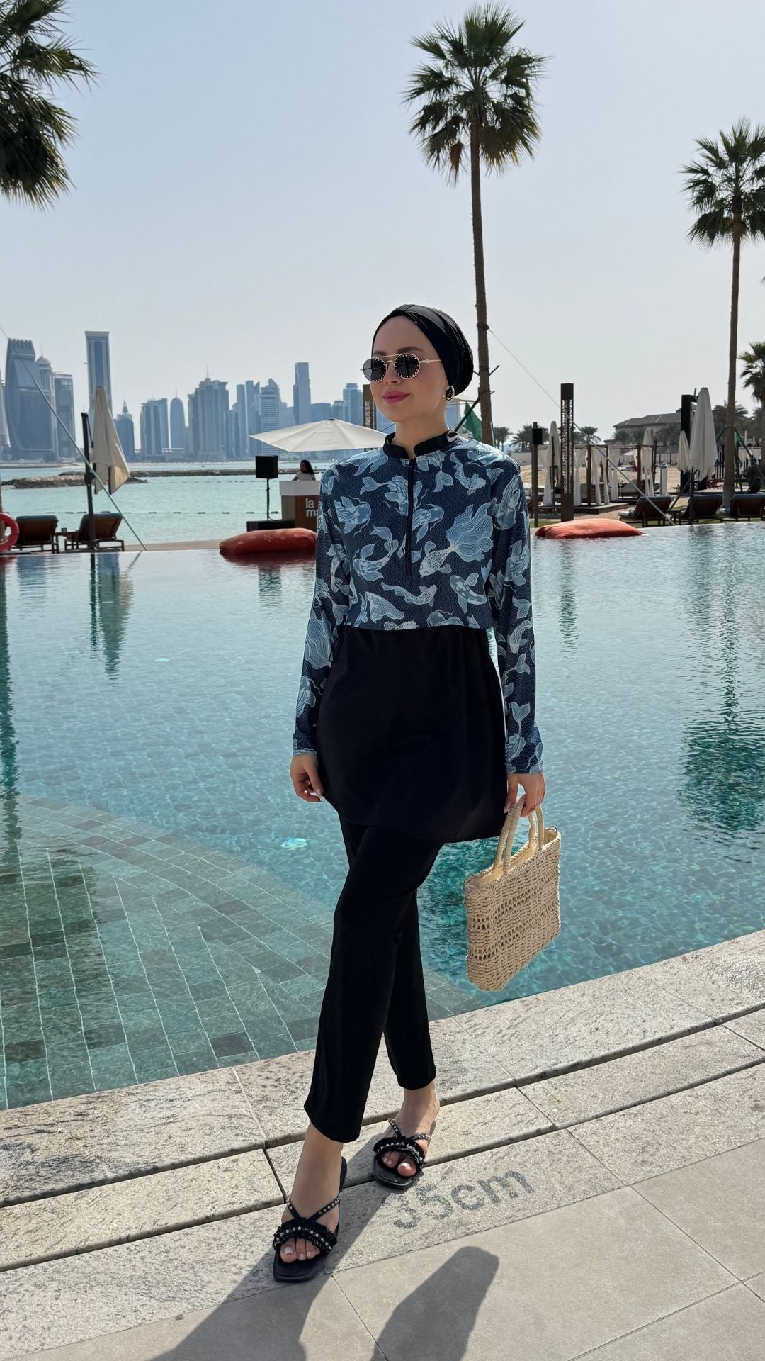 Yarım Dijital Baskılı Tesettür Mayo Renk - Siyah-Okyanus Desen 2