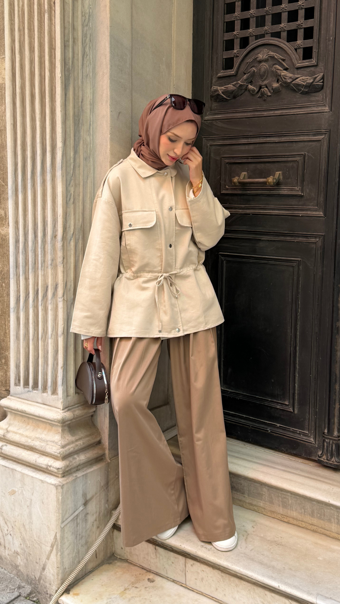 Gabardin Belden Bağlamalı Ceket Krem