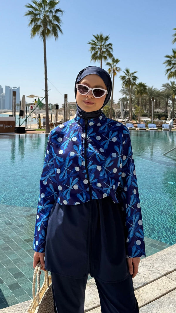 Doha Paraşüt Kumaş 3'lü Tam Kapalı Tesettür Mayo Lacivert Kelebek Desen