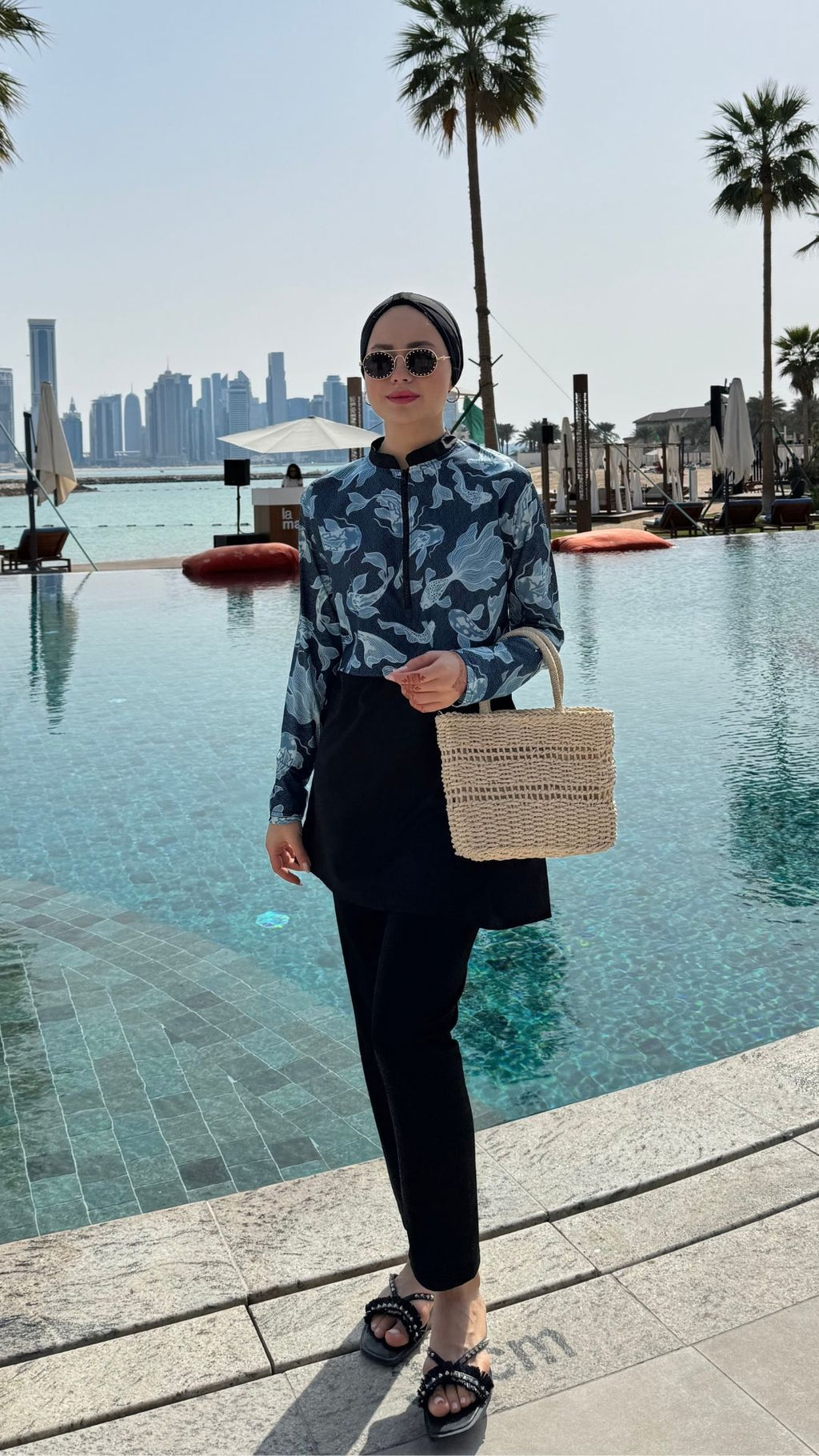 Yarım Dijital Baskılı Tesettür Mayo Renk - Siyah-Okyanus Desen 2