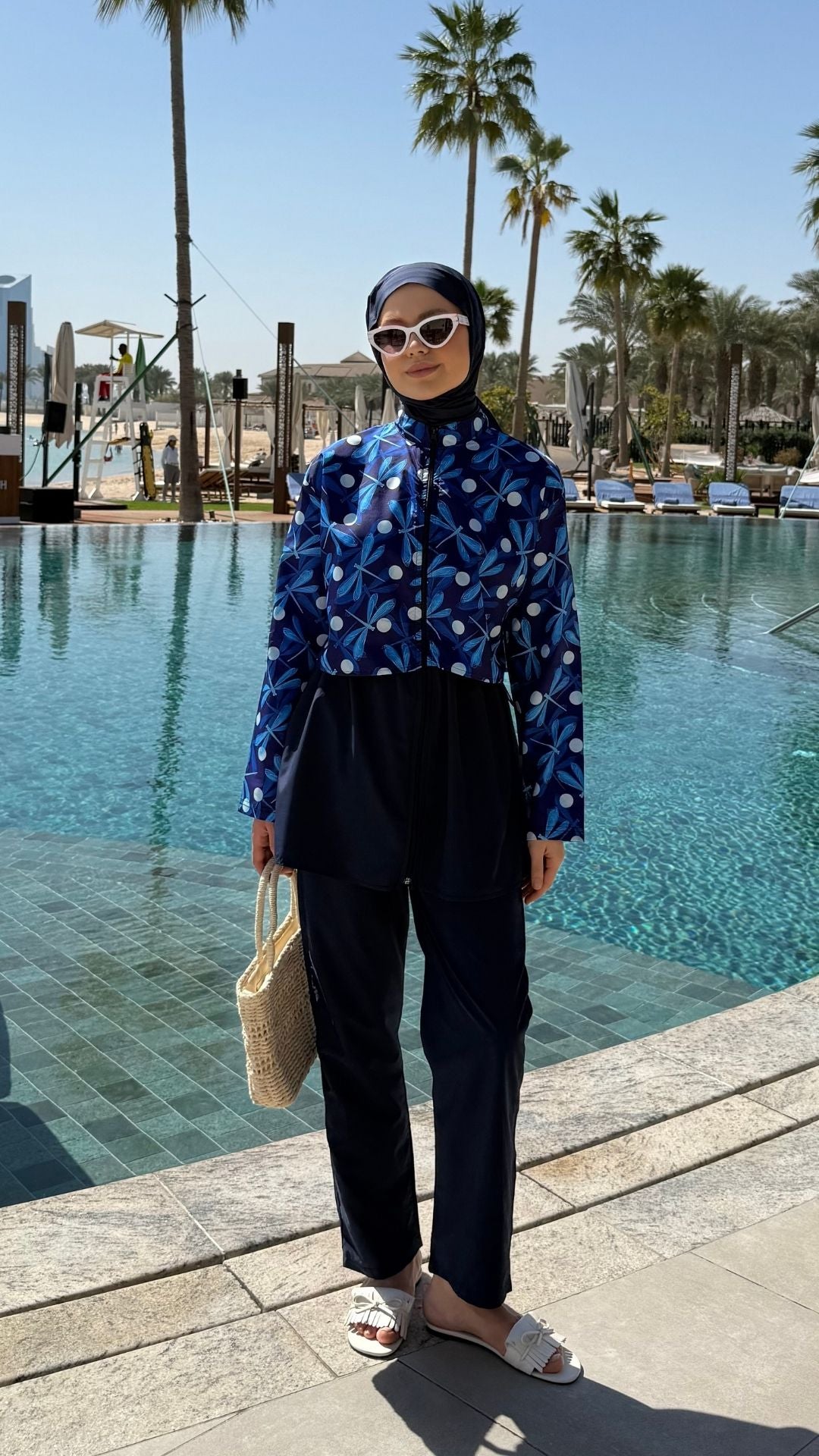 Doha Paraşüt Kumaş 3'lü Tam Kapalı Tesettür Mayo Lacivert Kelebek Desen