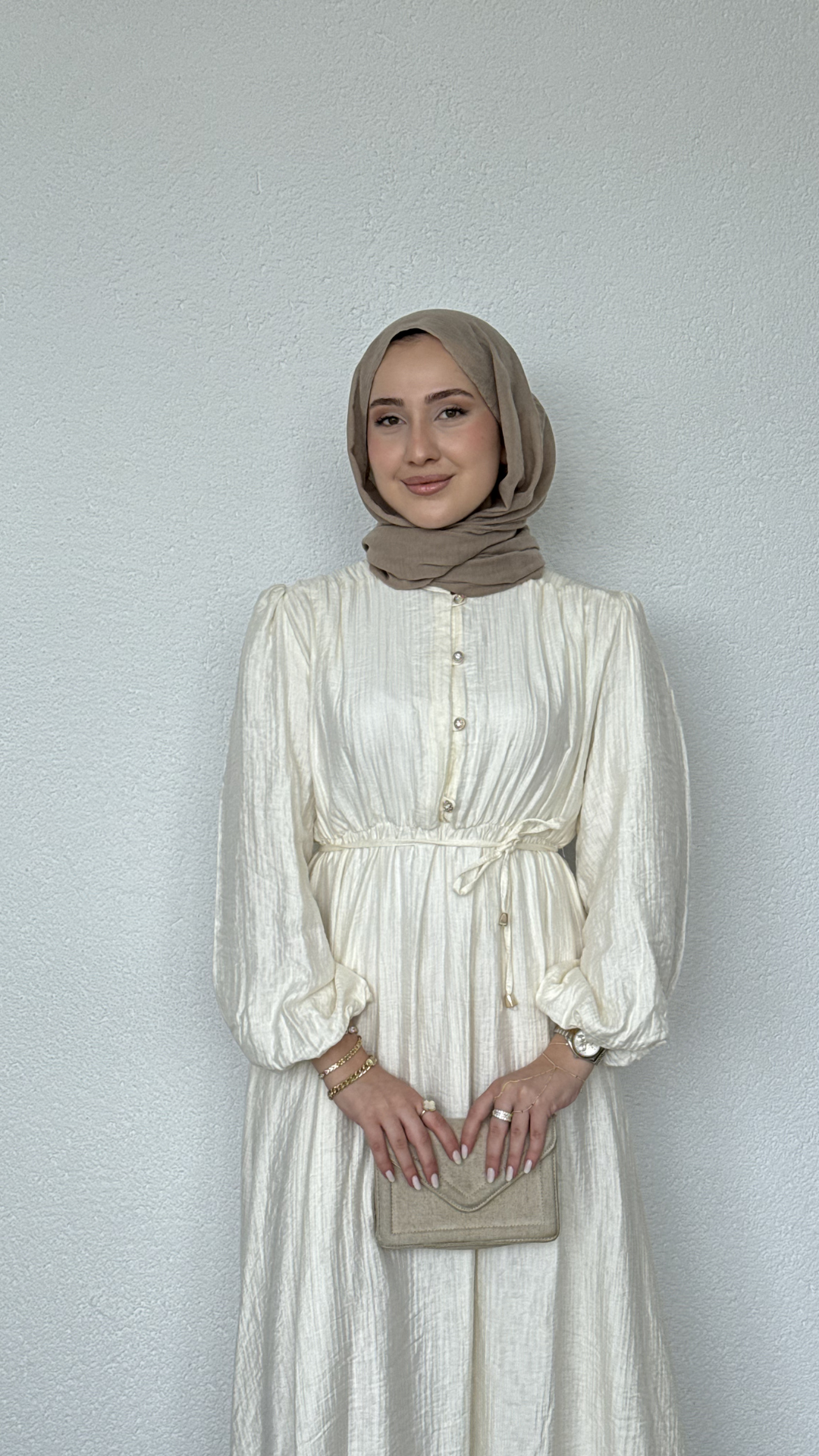 Beli Lastikli Yazlık Elbise Krem