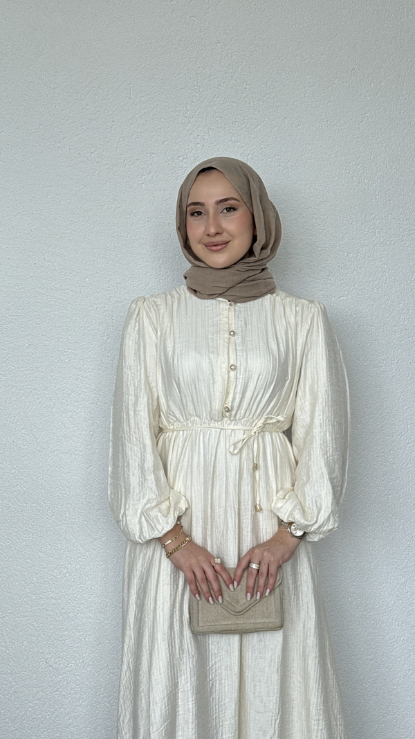 Beli Lastikli Yazlık Elbise Krem