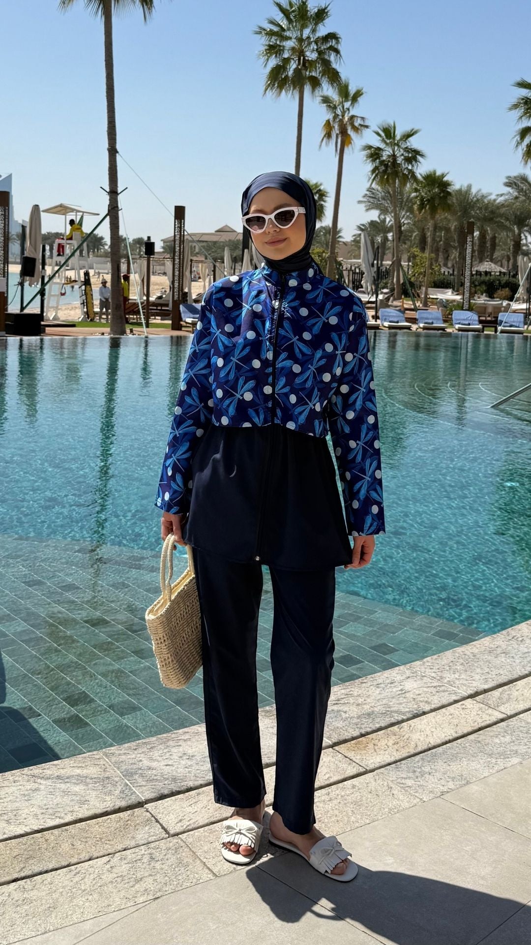 Doha Paraşüt Kumaş 3'lü Tam Kapalı Tesettür Mayo Lacivert Kelebek Desen