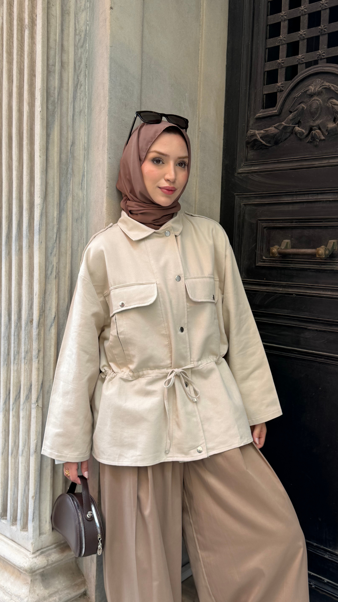 Gabardin Belden Bağlamalı Ceket Krem