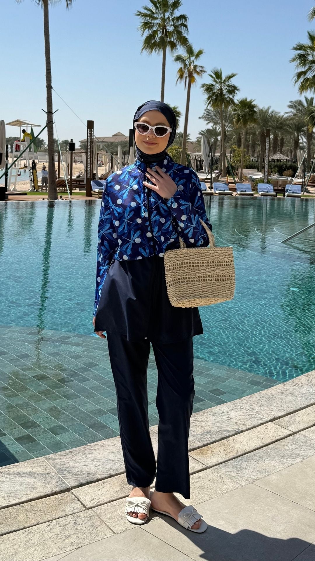 Doha Paraşüt Kumaş 3'lü Tam Kapalı Tesettür Mayo Lacivert Kelebek Desen