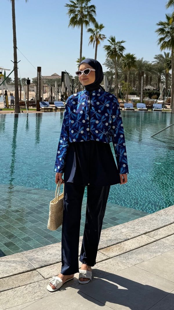 Doha Paraşüt Kumaş 3'lü Tam Kapalı Tesettür Mayo Lacivert Kelebek Desen
