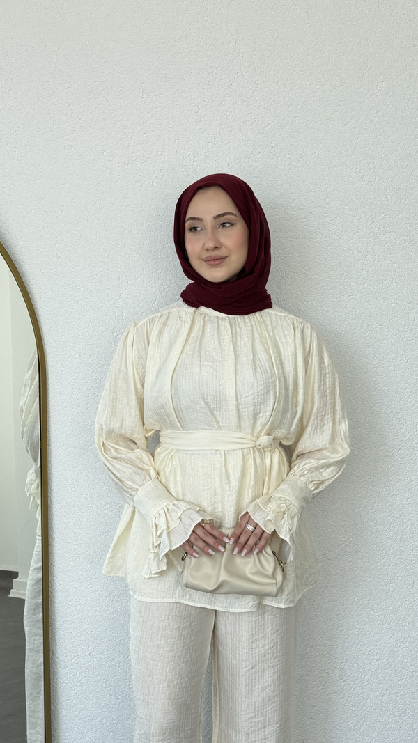 Kolları Fırfırlı Basic Müslin Takım Krem