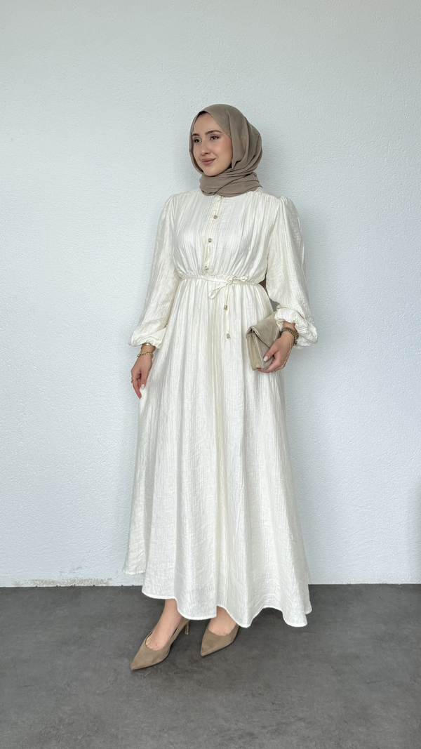 Beli Lastikli Yazlık Elbise Krem