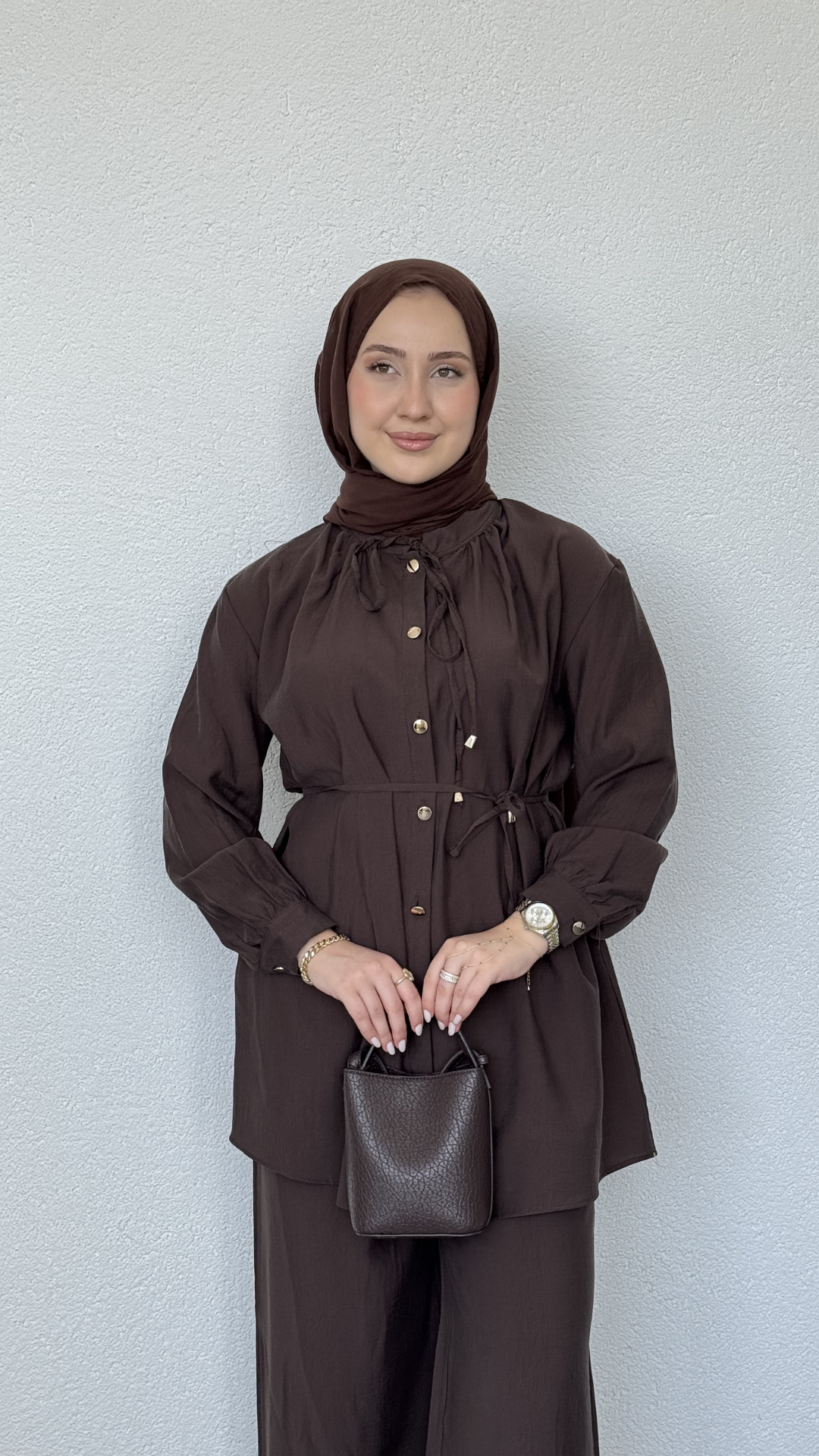 Basic Modal Gömlek Düğmeli Takım Kahverengi
