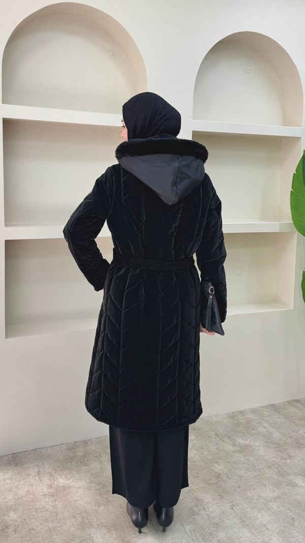 Yakası Kürklü Premium Kapitone Mont Siyah