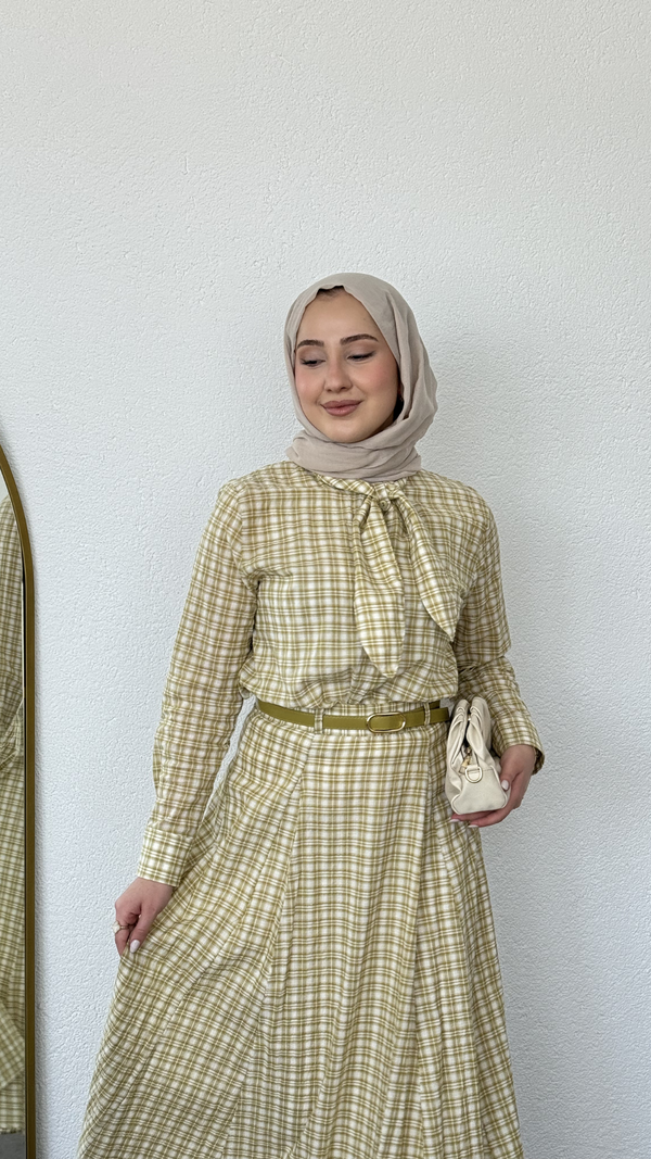 Ekose Desen Etekli Takım Yağ Yeşili