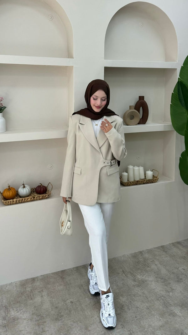 Yandan Kemer Detaylı Blazer Ceket Krem