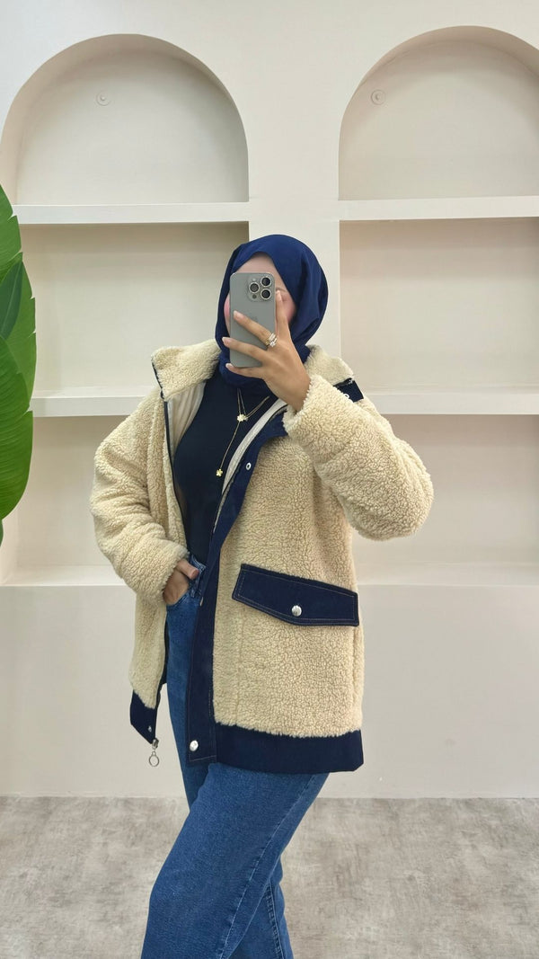 Kot Detaylı Peluş Ceket Krem