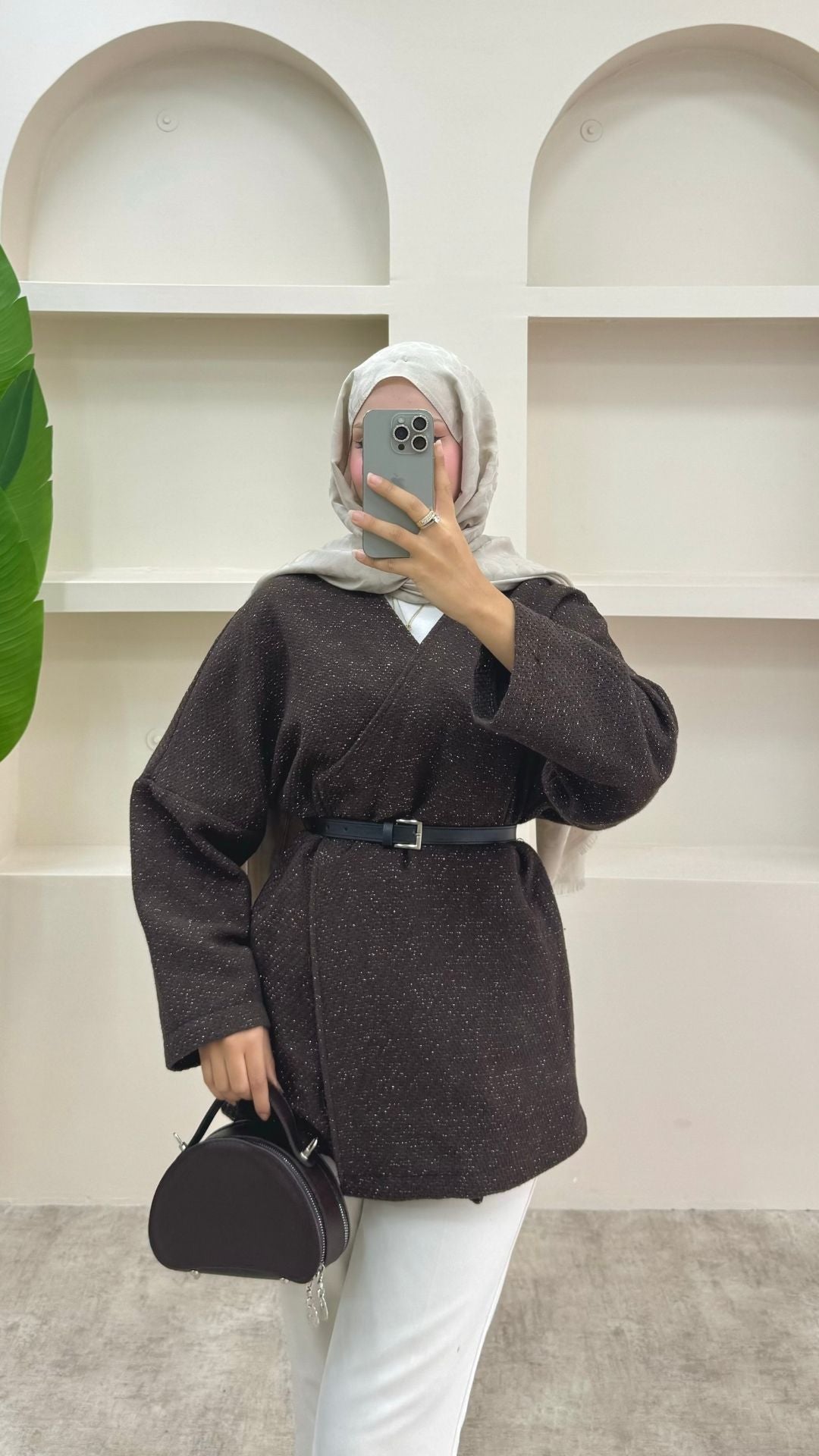 Simli Kemerli Ceket Kahverengi