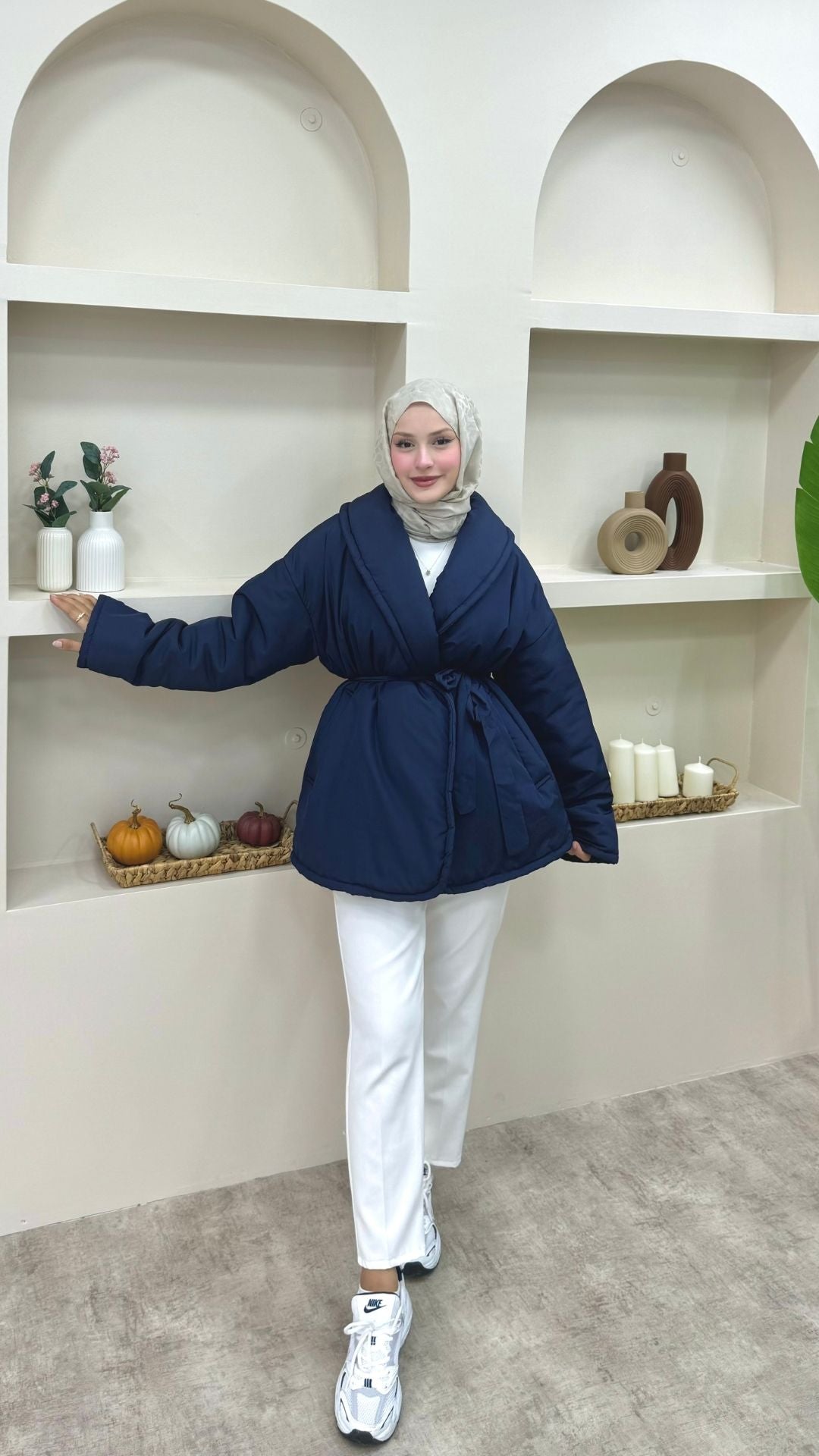 Şal Yaka Kemerli Mont Lacivert