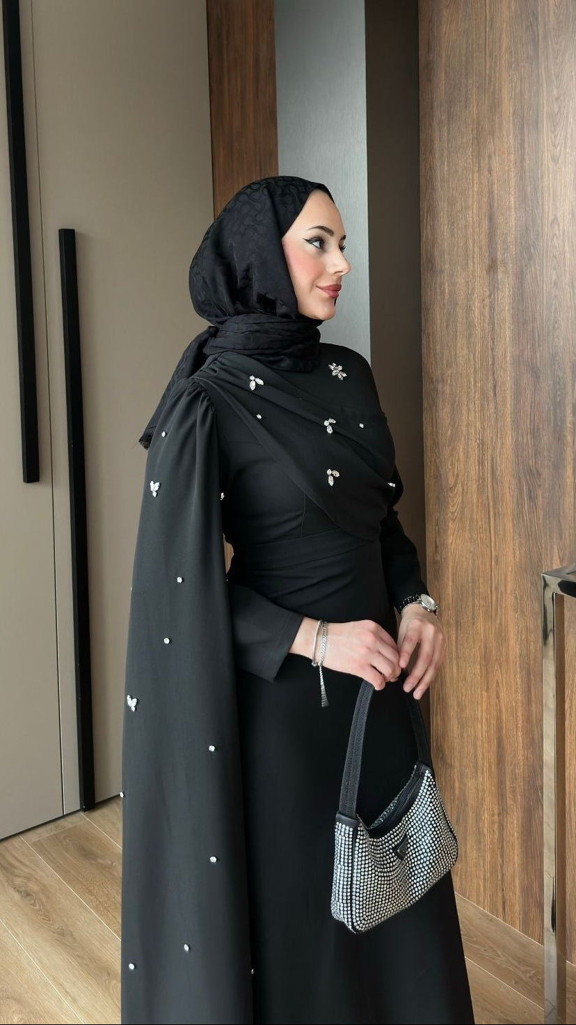 Linda Taş Detaylı Uzun Abiye Siyah