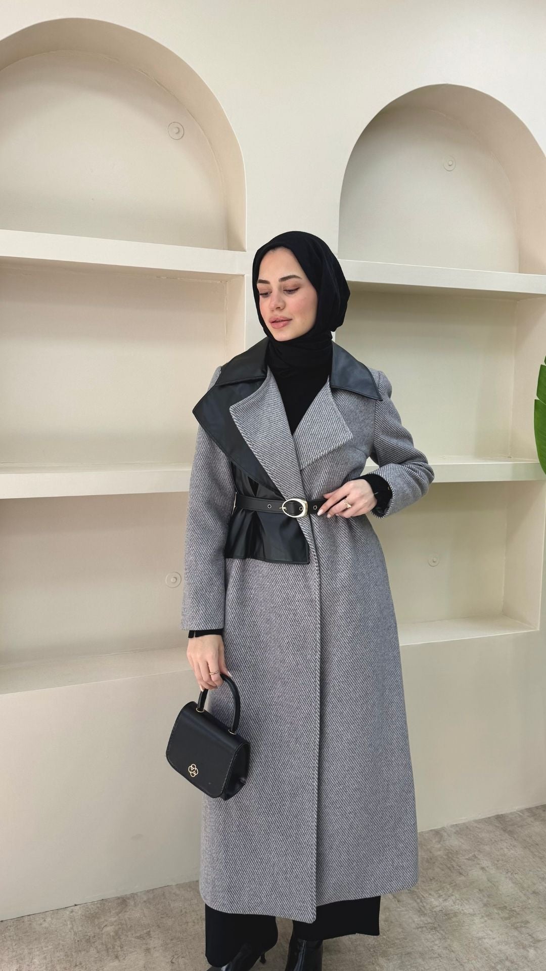 Deri Pelerinli Premium Kaşe Kaban Antırasit