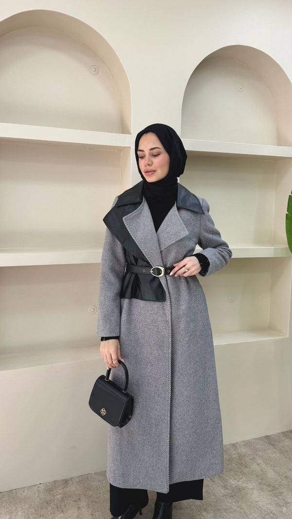 Deri Pelerinli Premium Kaşe Kaban Antırasit