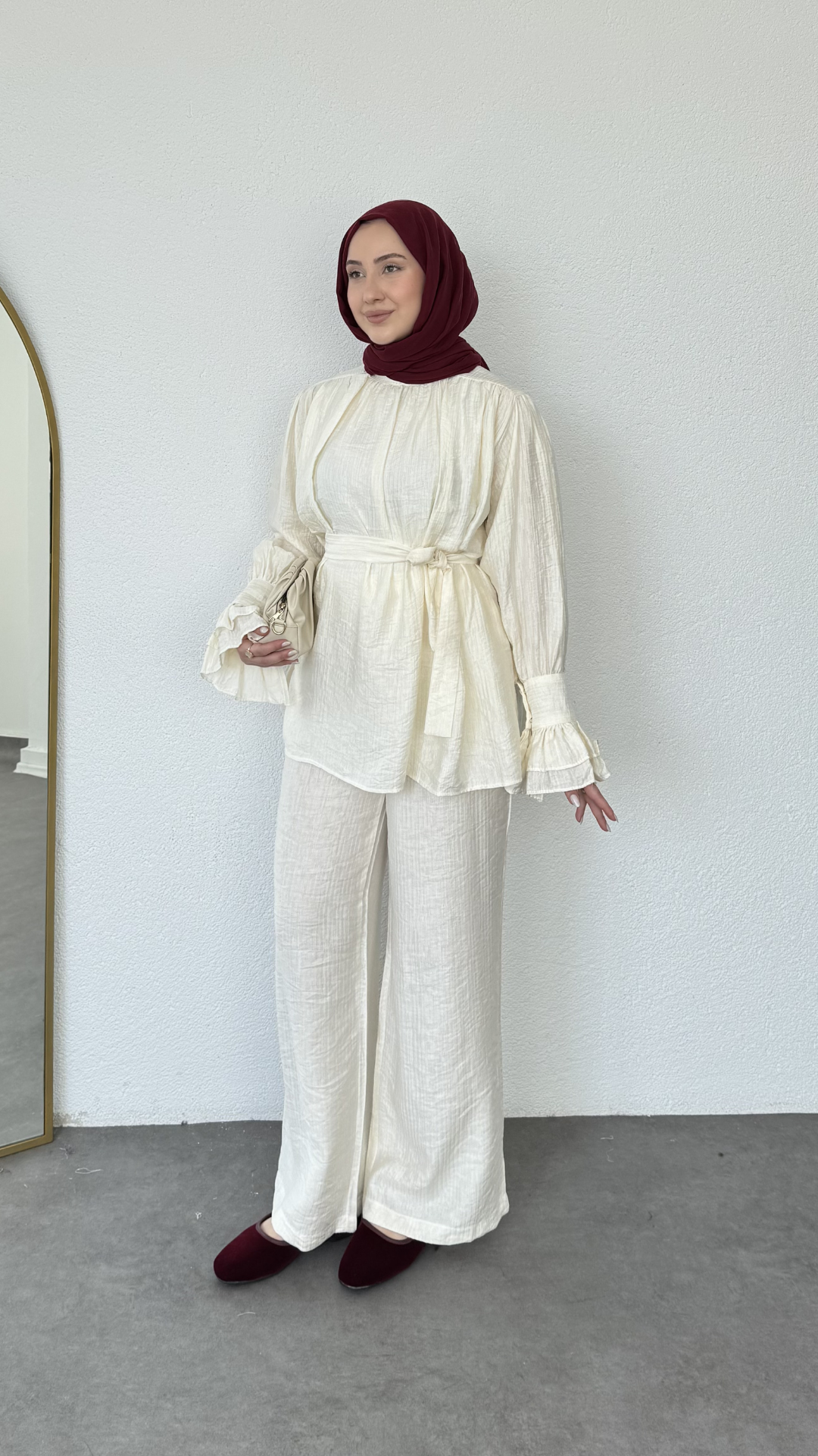Kolları Fırfırlı Basic Müslin Takım Krem