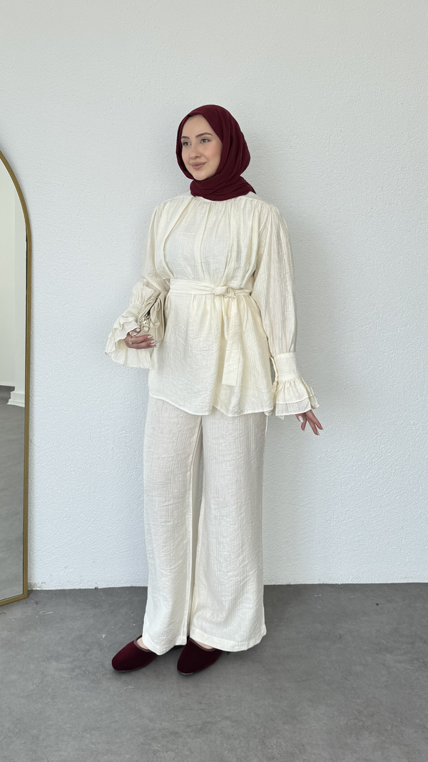 Kolları Fırfırlı Basic Müslin Takım Krem