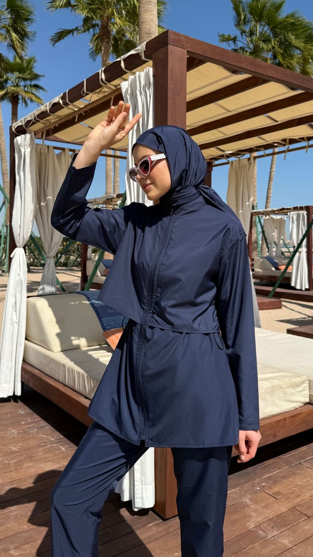 Doha Paraşüt Kumaş 3'lü Tam Kapalı Tesettür Mayo Lacivert