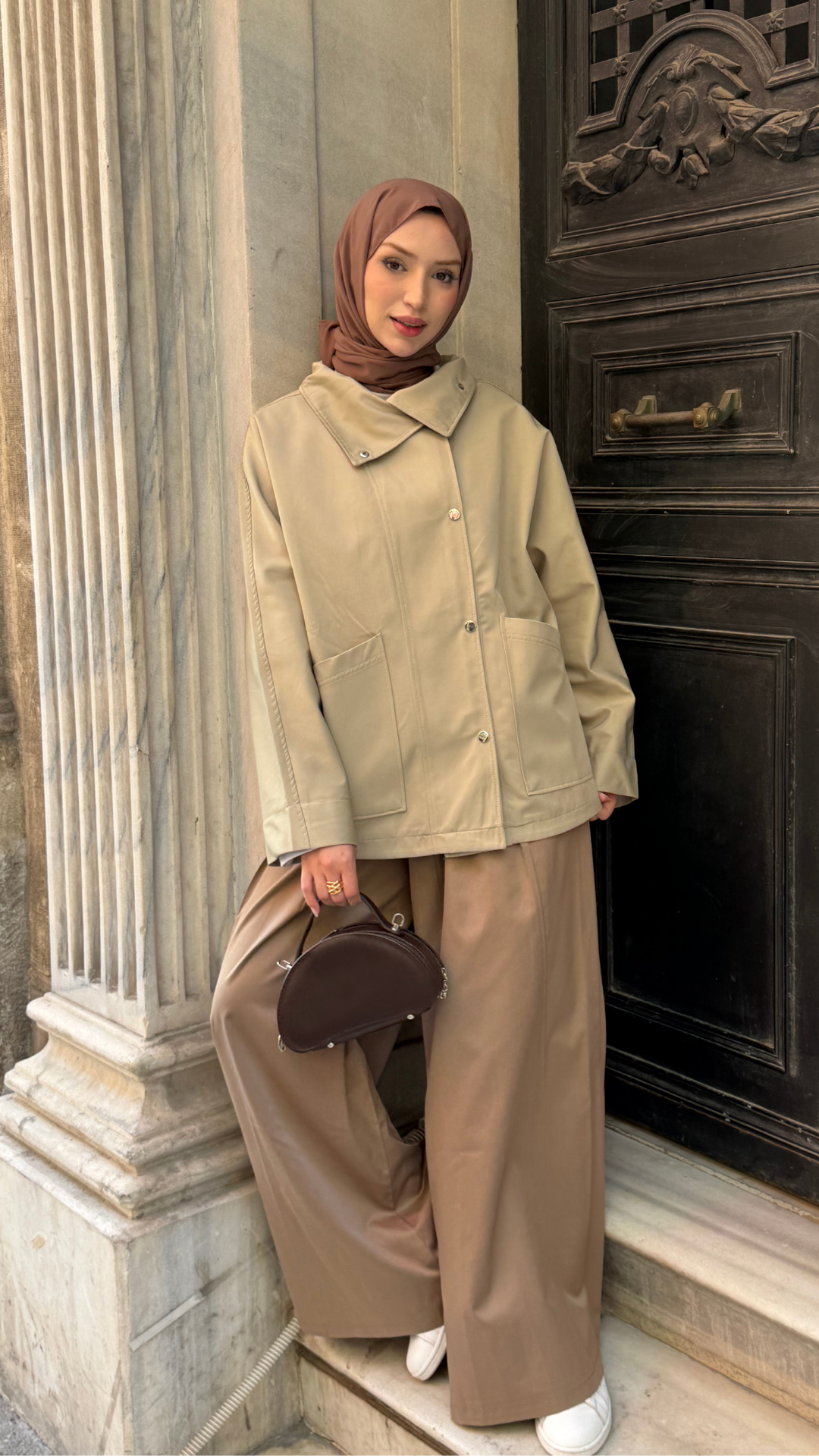 Çıt Çıtlı Trenç Kumaş Oversize Ceket Bej