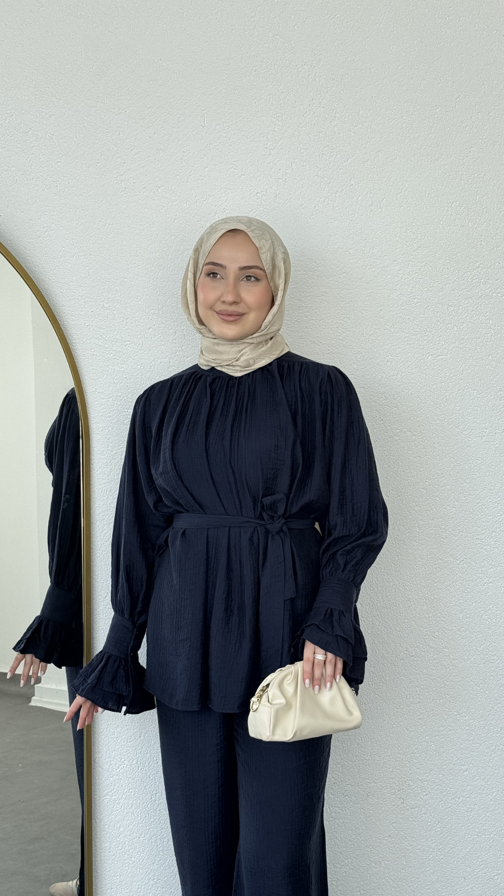 Kolları Fırfırlı Basic Müslin Takım Lacivert