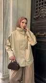 Çıt Çıtlı Trenç Kumaş Oversize Ceket Bej