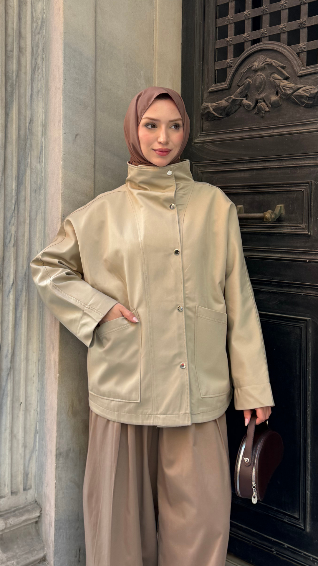 Çıt Çıtlı Trenç Kumaş Oversize Ceket Bej