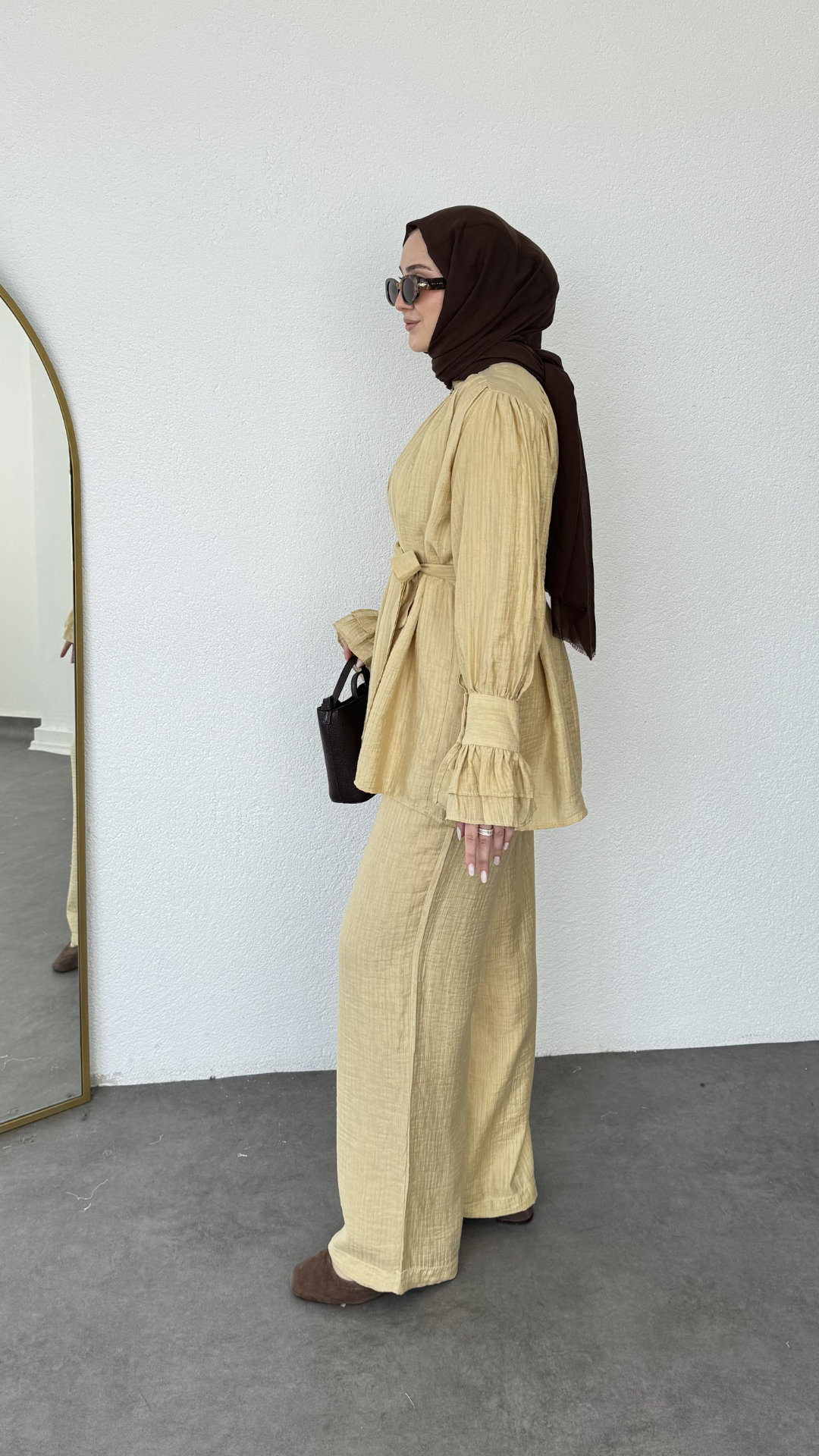Kolları Fırfırlı Basic Müslin Takım Hardal Sarısı