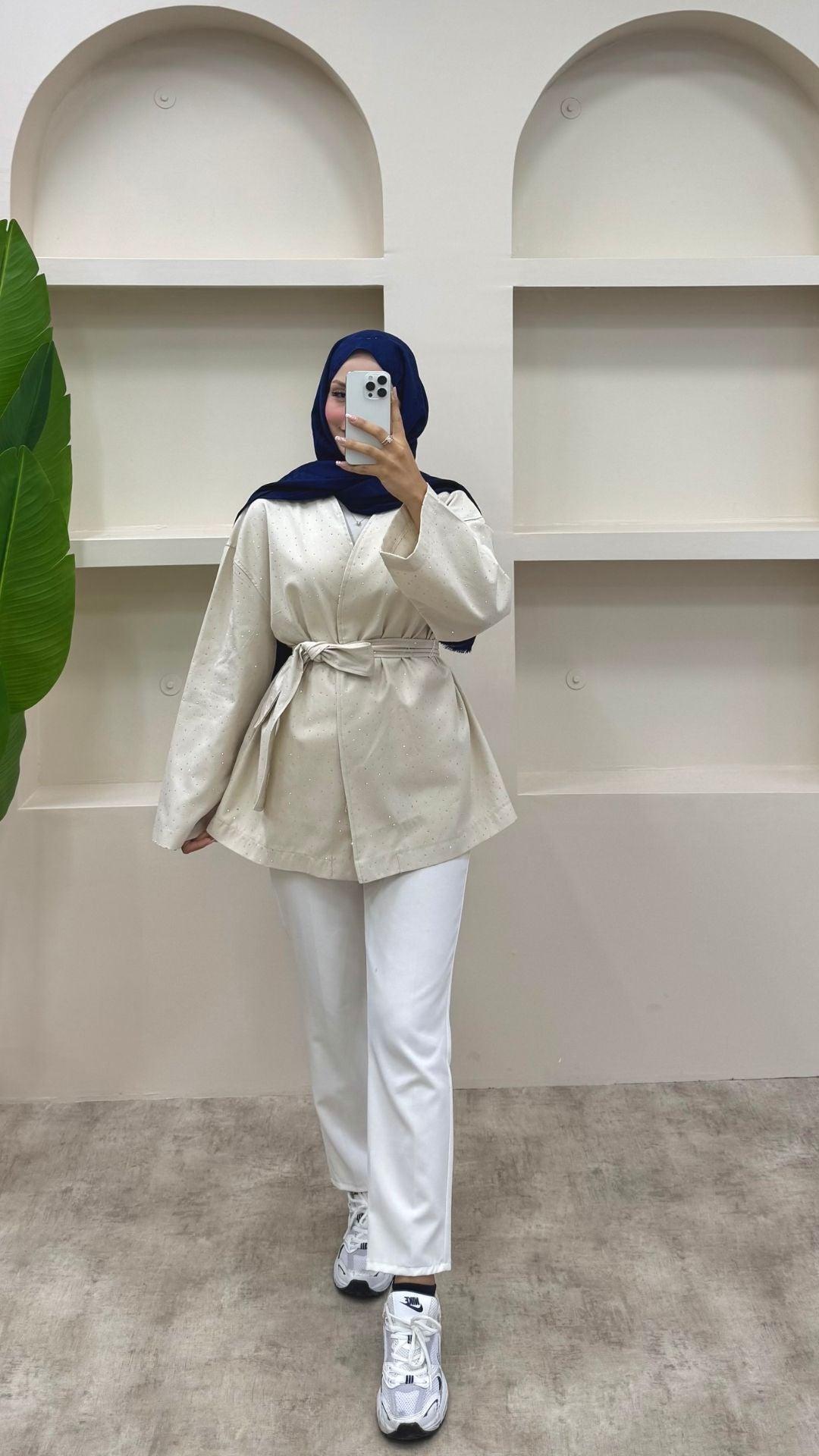 Taşlı Kemerli Gabardin Ceket Krem