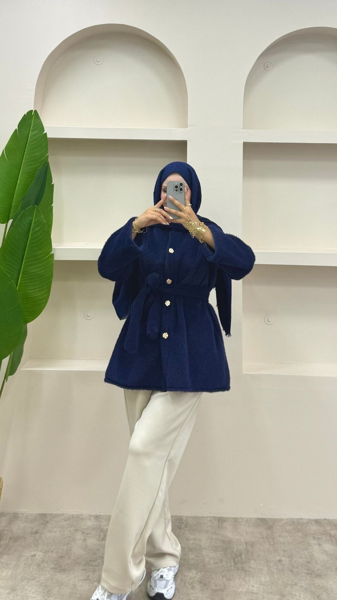 Gold Düğmeli Peluş Ceket Lacivert