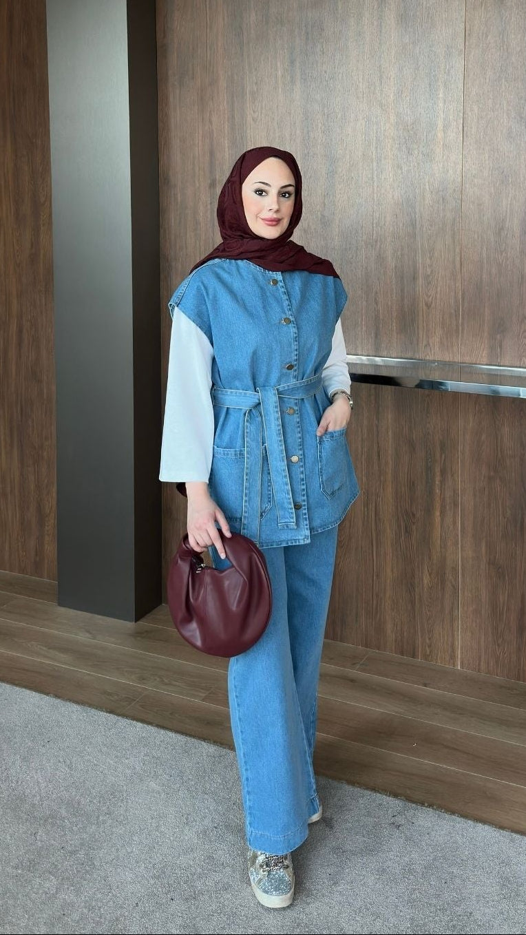 Bianca Yelekli Denim Takım Buz Mavi