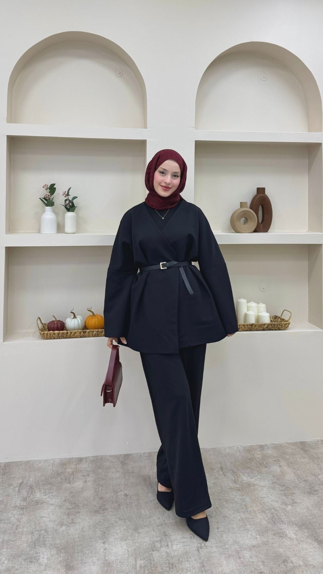 Kruvaze Yaka Kemerli Blazer Ceket Siyah