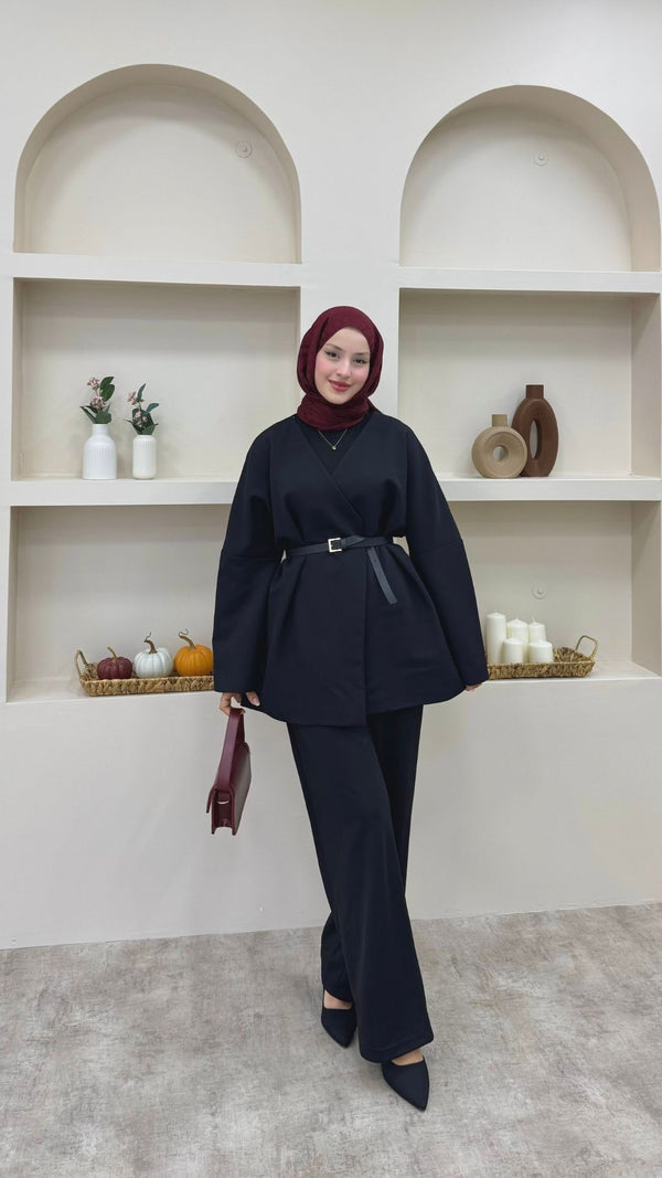Kruvaze Yaka Kemerli Blazer Ceket Siyah