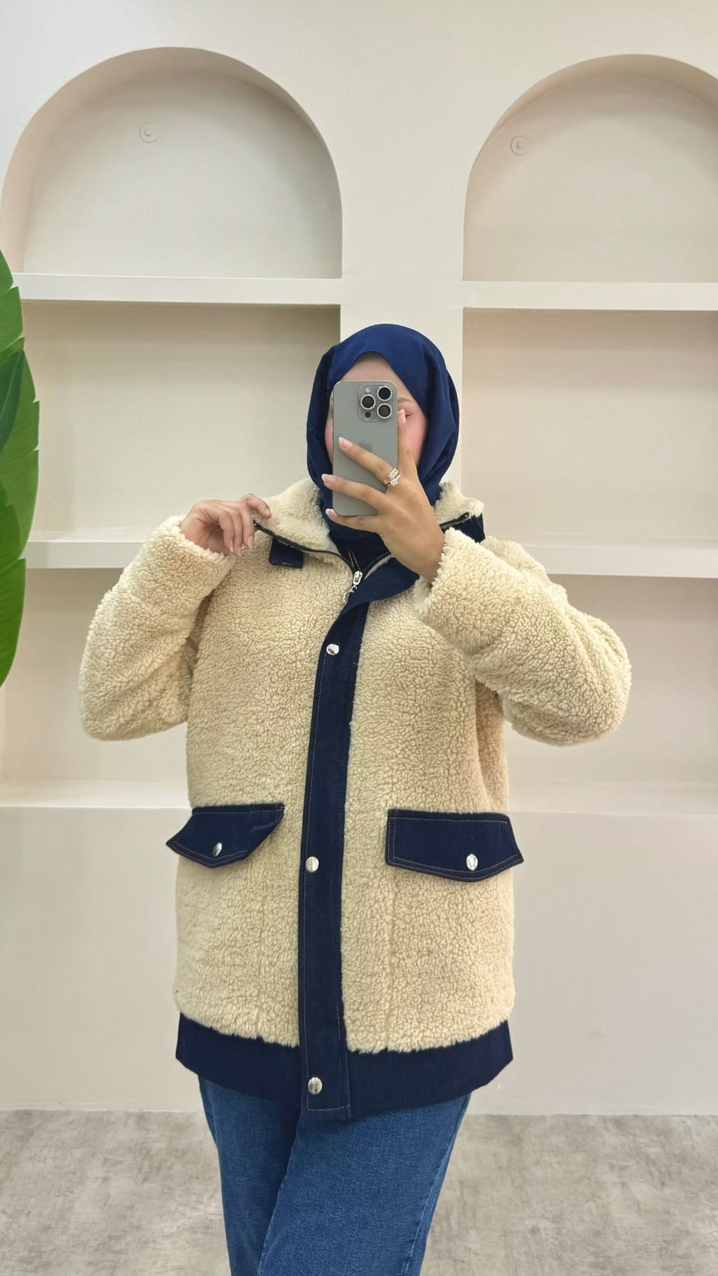 Kot Detaylı Peluş Ceket Krem