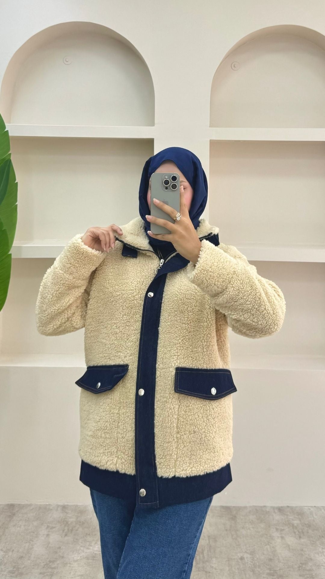 Kot Detaylı Peluş Ceket Krem