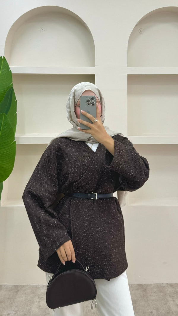 Simli Kemerli Ceket Kahverengi
