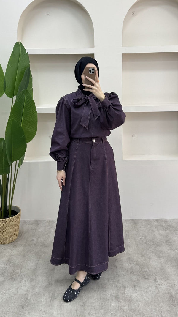 Fularlı Denim Takım Bordo
