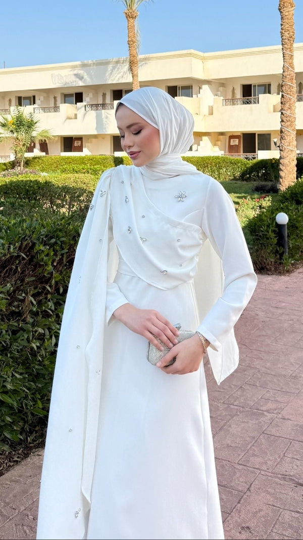 Linda Taş Detaylı Uzun Abiye Beyaz