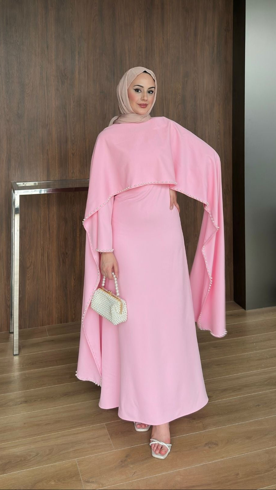 Viona İnci Detaylı Abiye Pembe