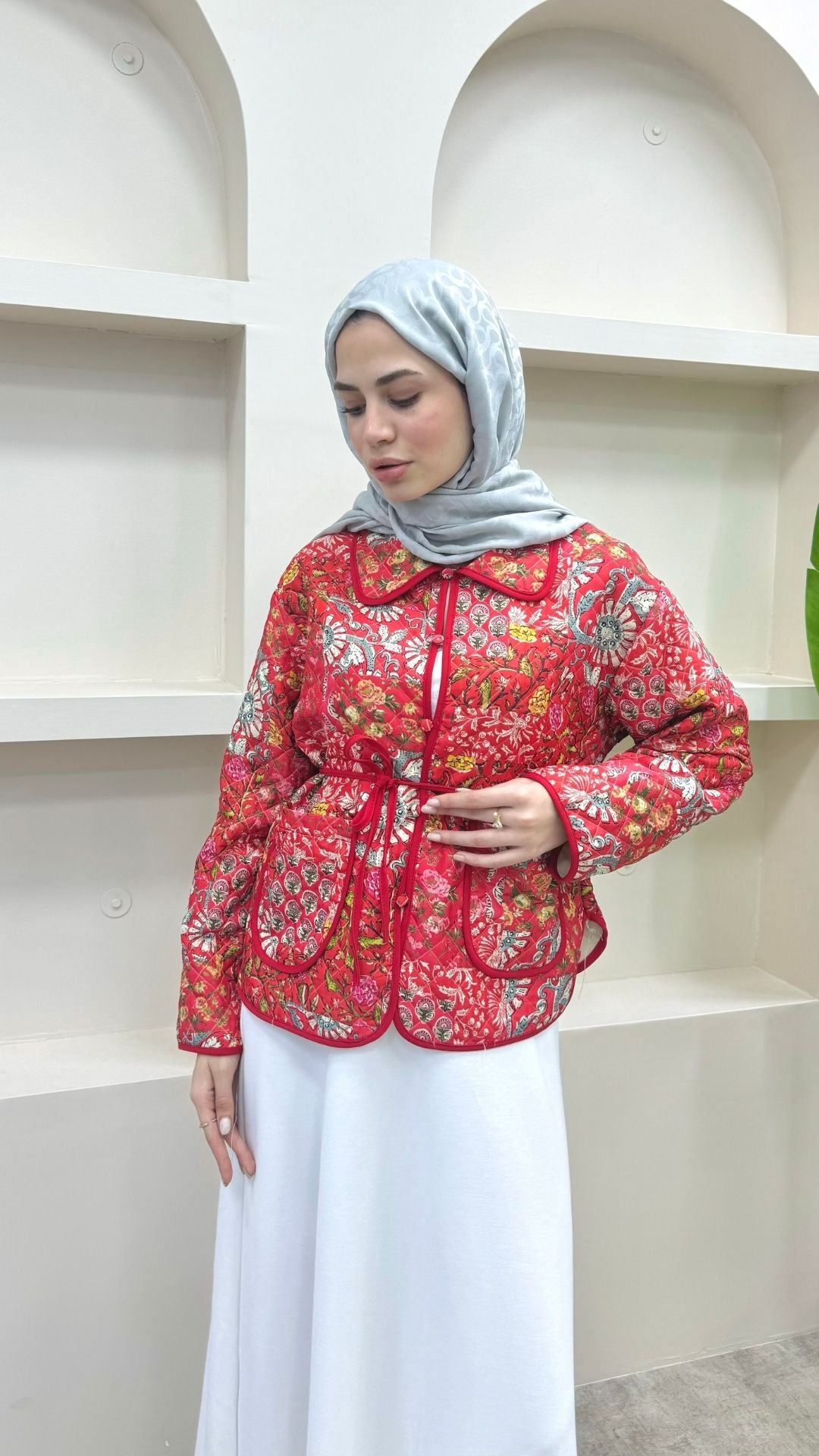 Bağlamalı Etnik Desen Kısa Ceket Kırmızı