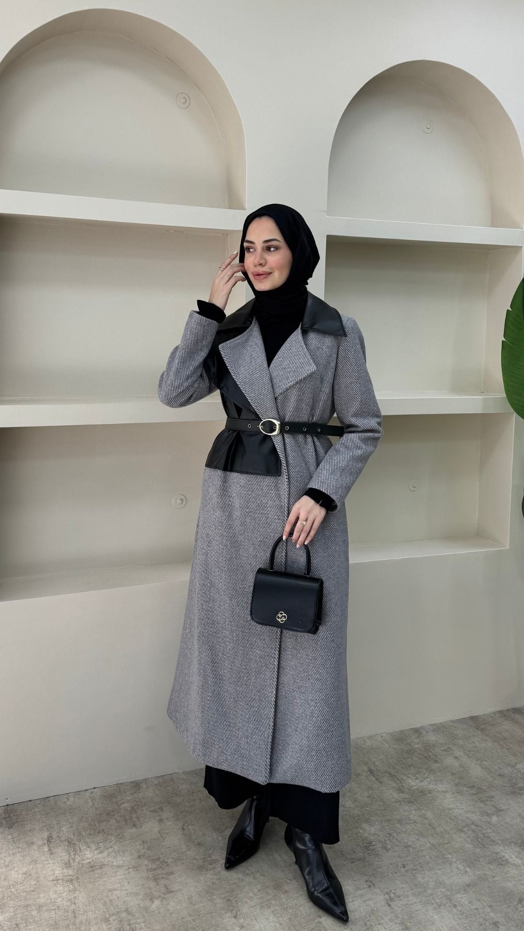 Deri Pelerinli Premium Kaşe Kaban Antırasit