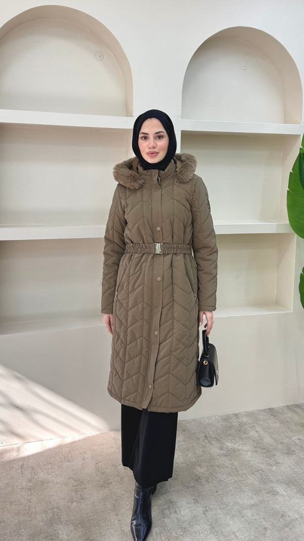 Yakası Kürklü Premium Kapitone Mont Kahverengi