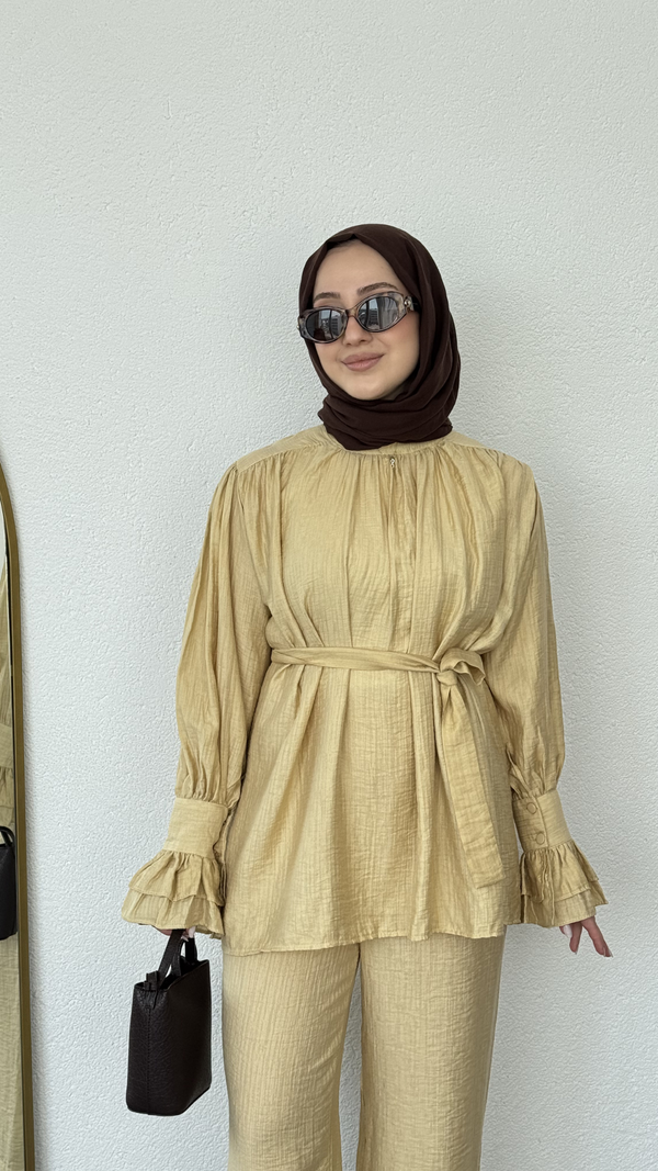Kolları Fırfırlı Basic Müslin Takım Hardal Sarısı