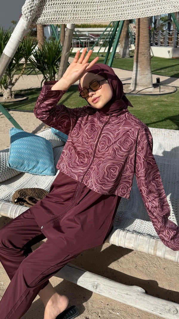 Doha Paraşüt Kumaş 3'lü Tam Kapalı Tesettür Mayo Bordo Oval Desen