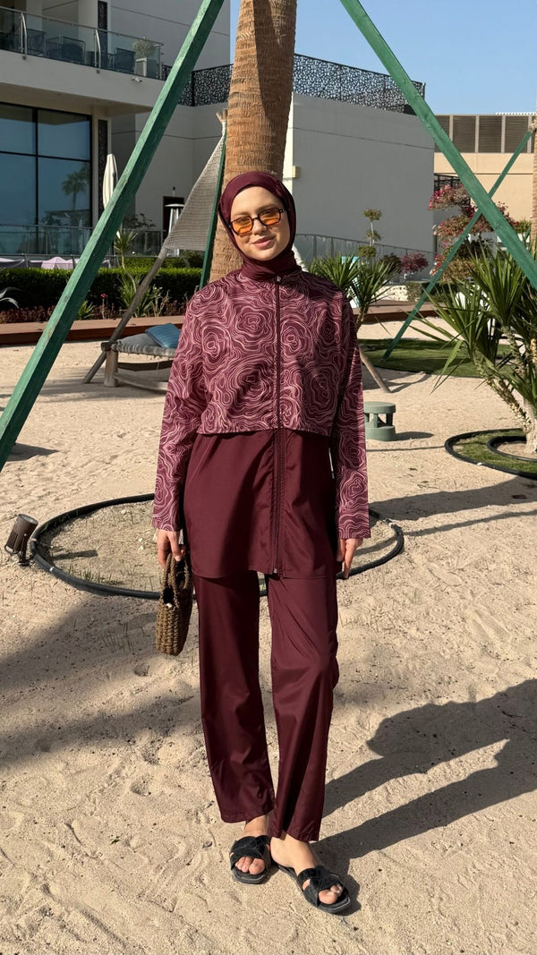 Doha Paraşüt Kumaş 3'lü Tam Kapalı Tesettür Mayo Bordo Oval Desen
