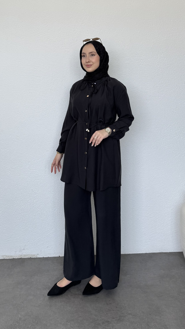 Basic Modal Gömlek Düğmeli Takım Siyah
