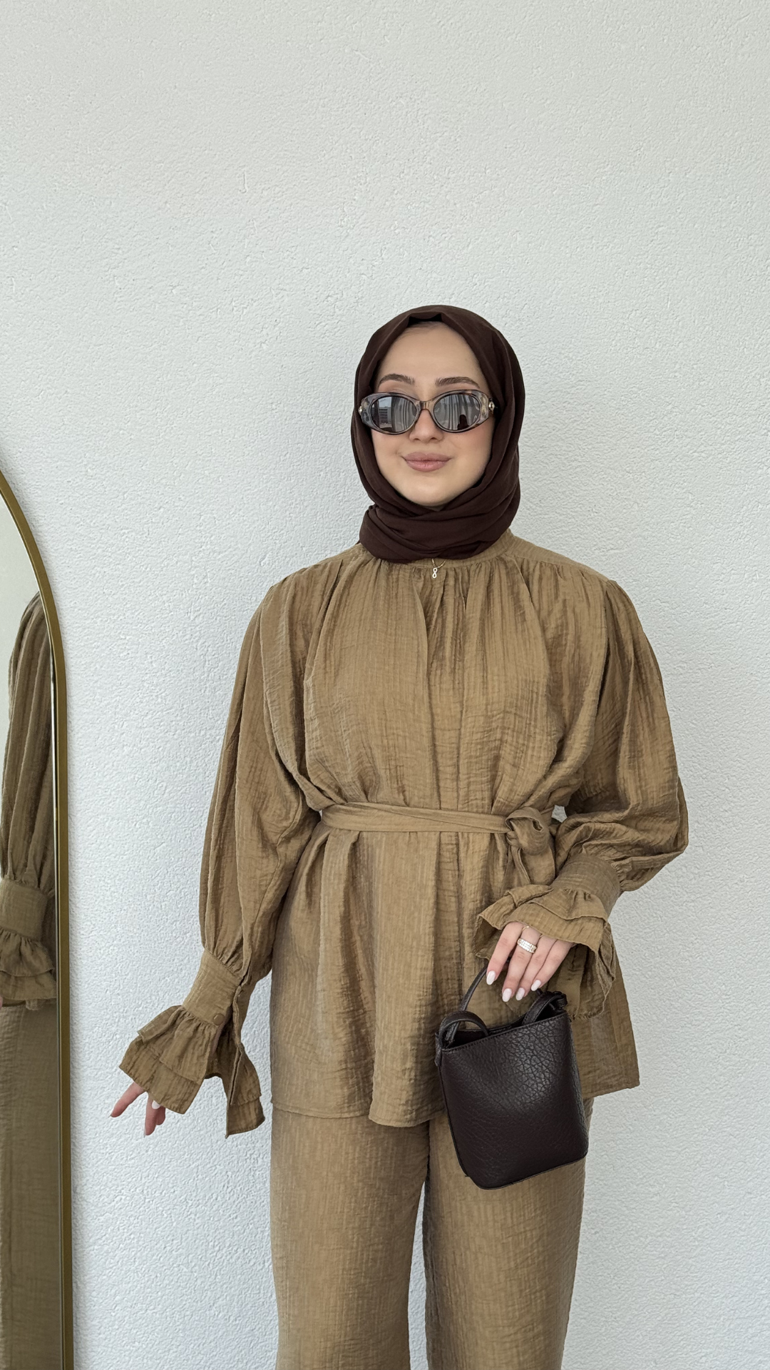 Kolları Fırfırlı Basic Müslin Takım Kahverengi